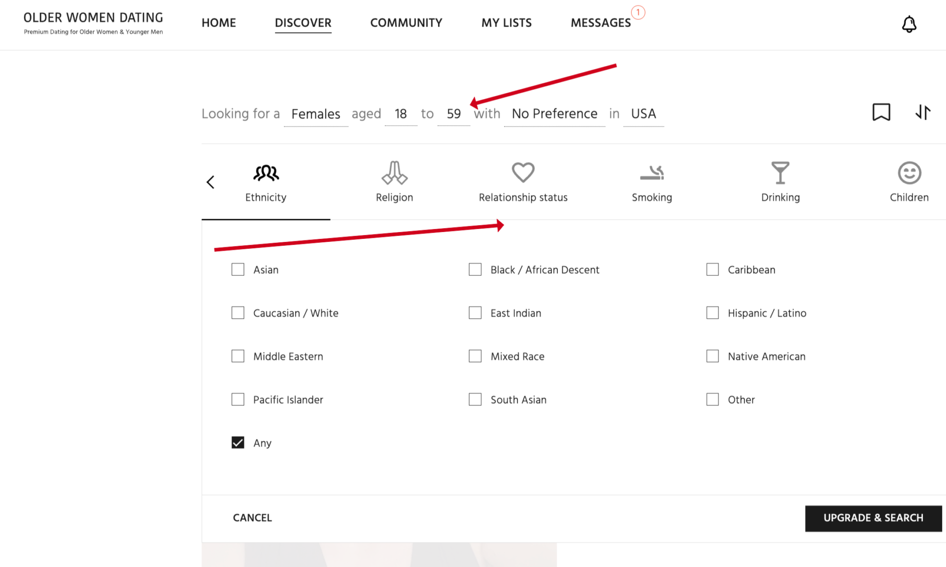 search filters on OlderWomenDating