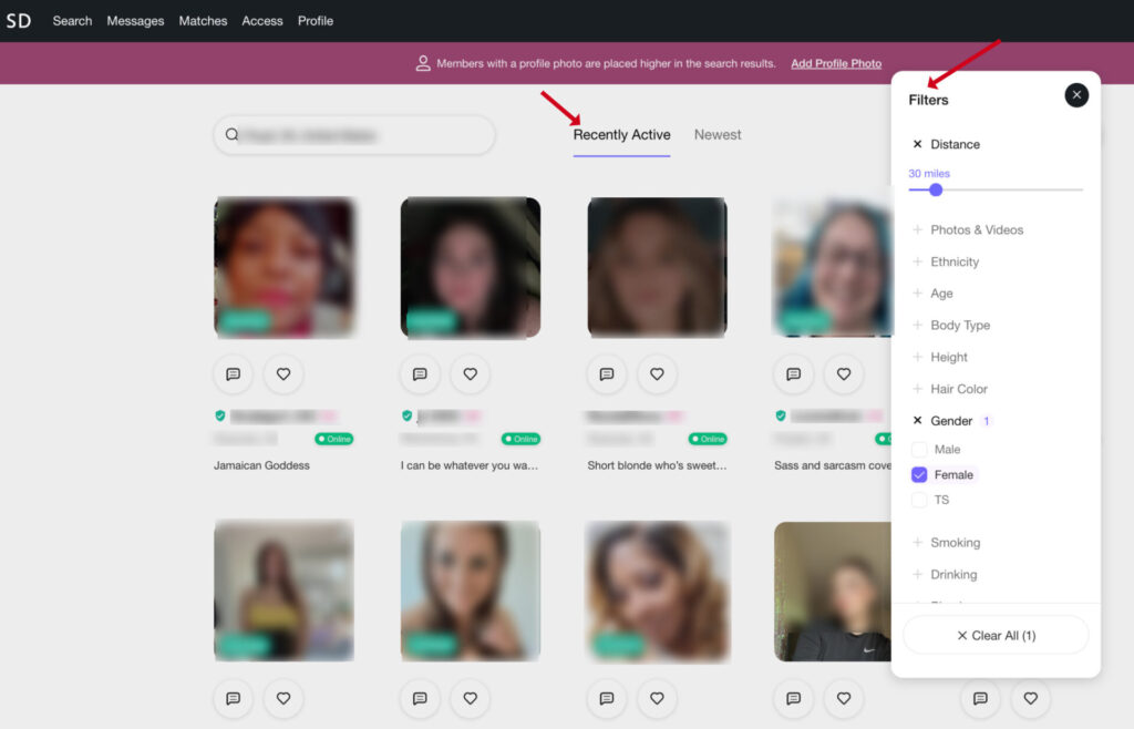 filters on SugarDaddy.com