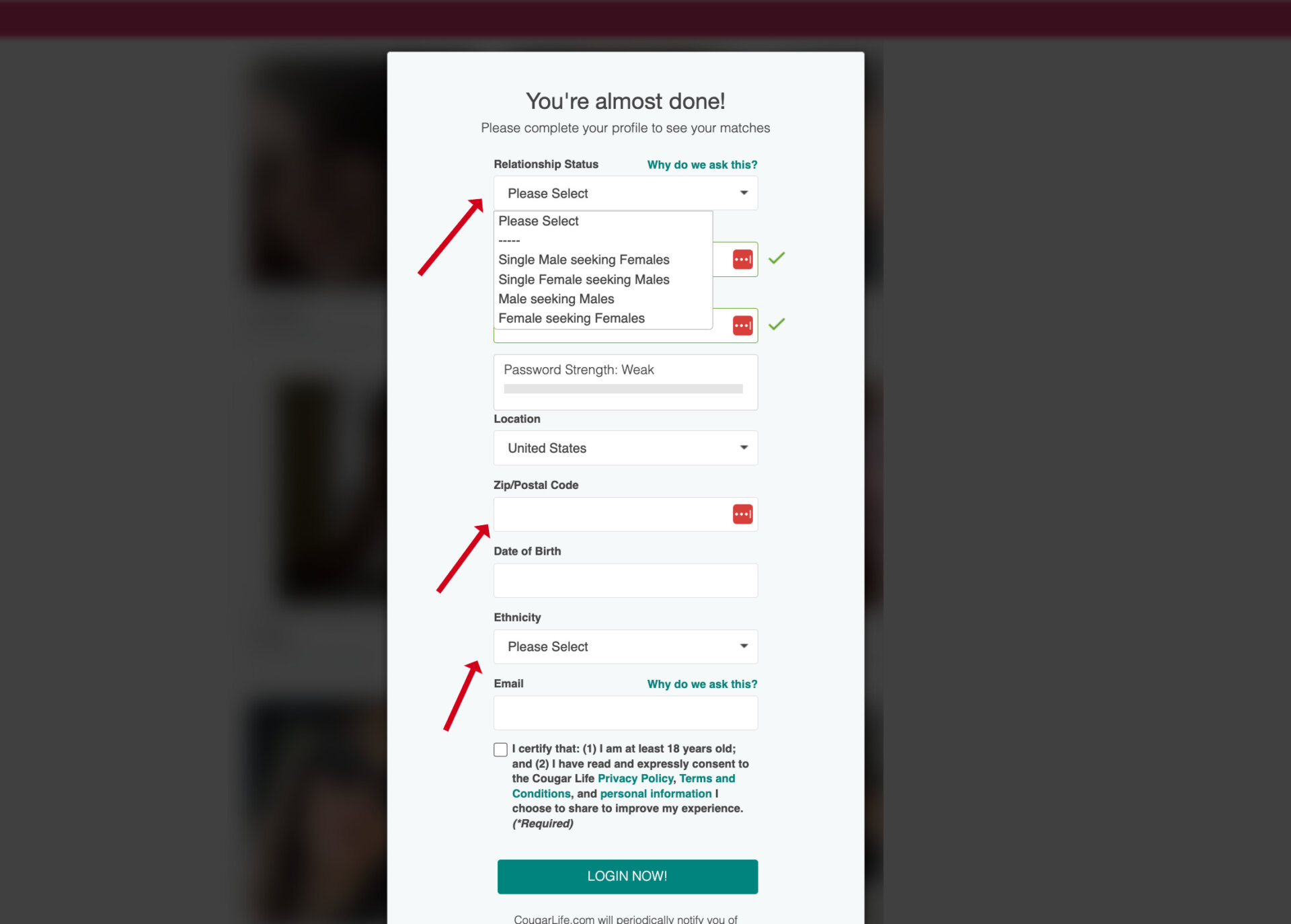 Registration on the Cougar dating site