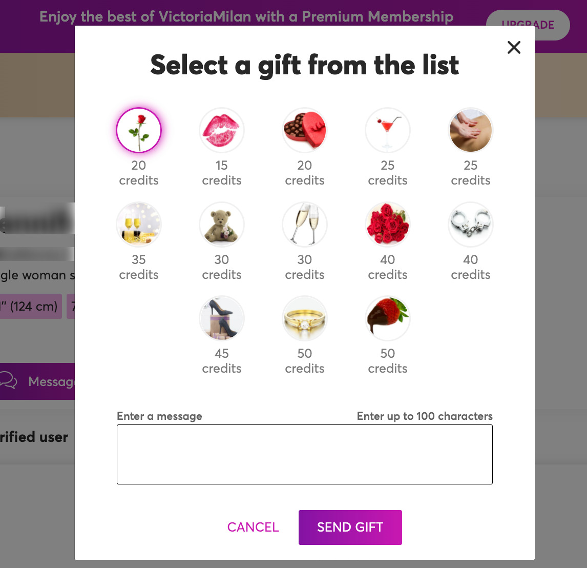 Users can send and receive gifts on VictoriaMilan